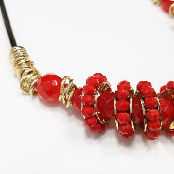 Red Crystal Necklace, Beaded Statement Choker Gold Accents, 22 Inches - Picture 7 of 11